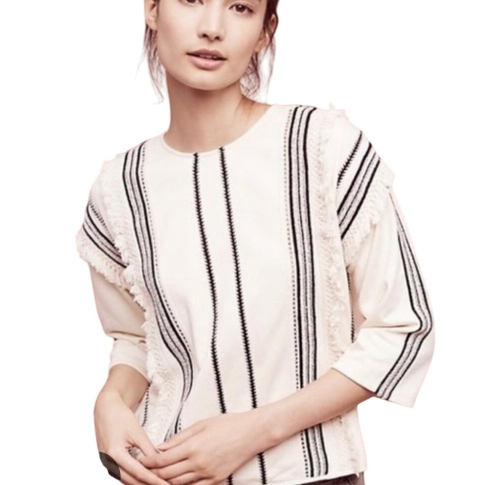 Eri + Ali ‎ Anthro Cream Black Stripe Fringe Sleeve Knit Pullover Top Size L